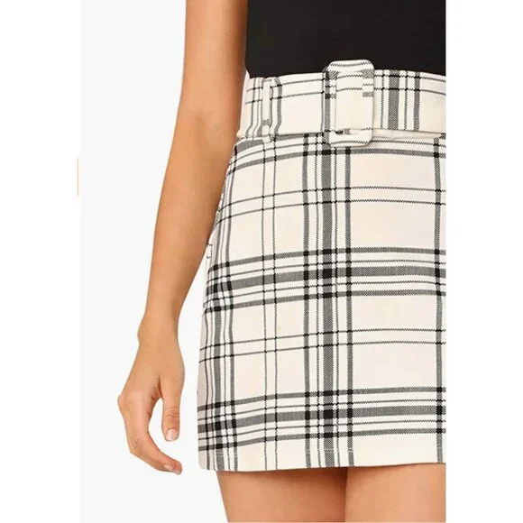 Black Plaid Checker Print Belted High Waist‎ Fitted Pencil Bodycon Mini Skirt - Picture 3 of 6